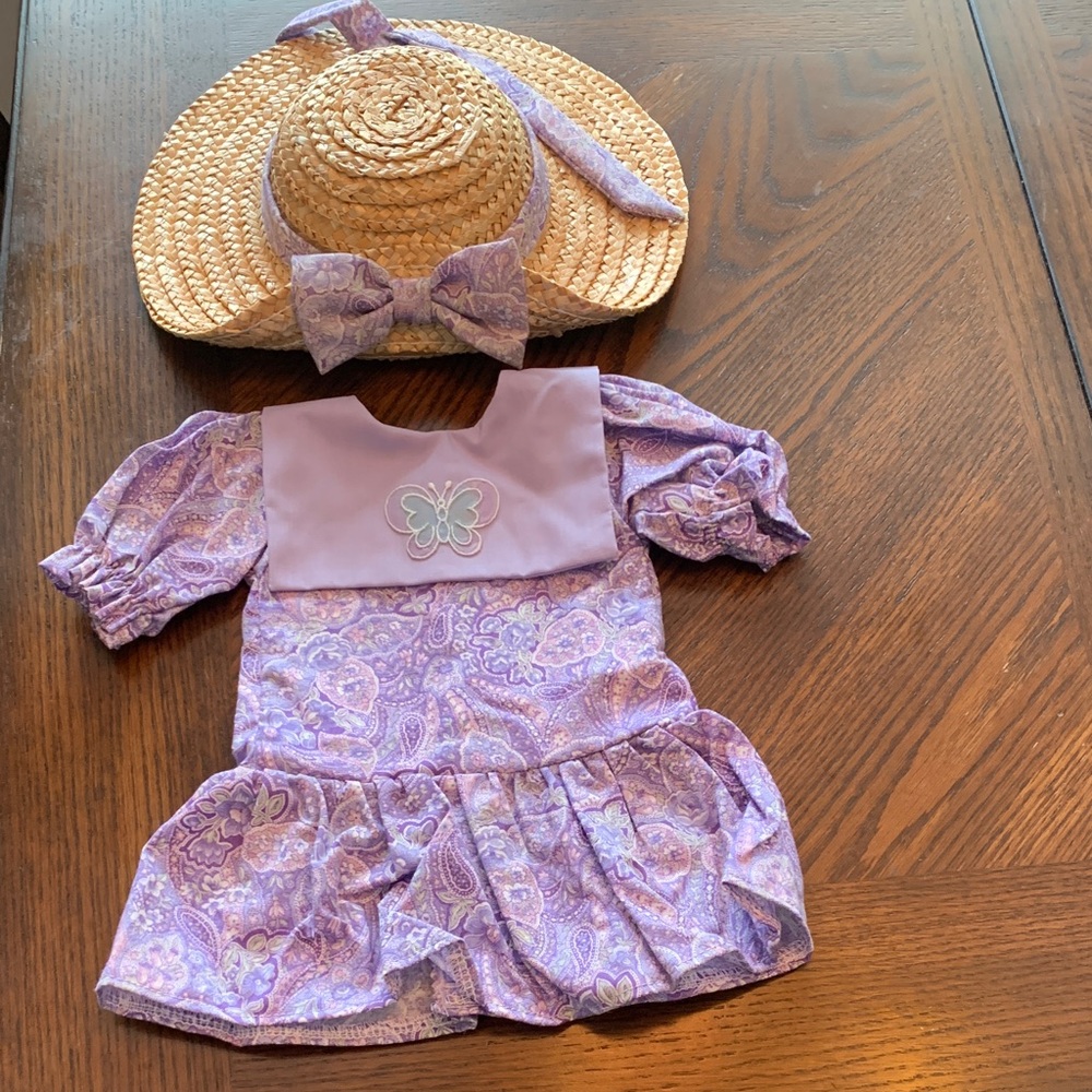 American Girl Purple Dress and Straw Hat Set